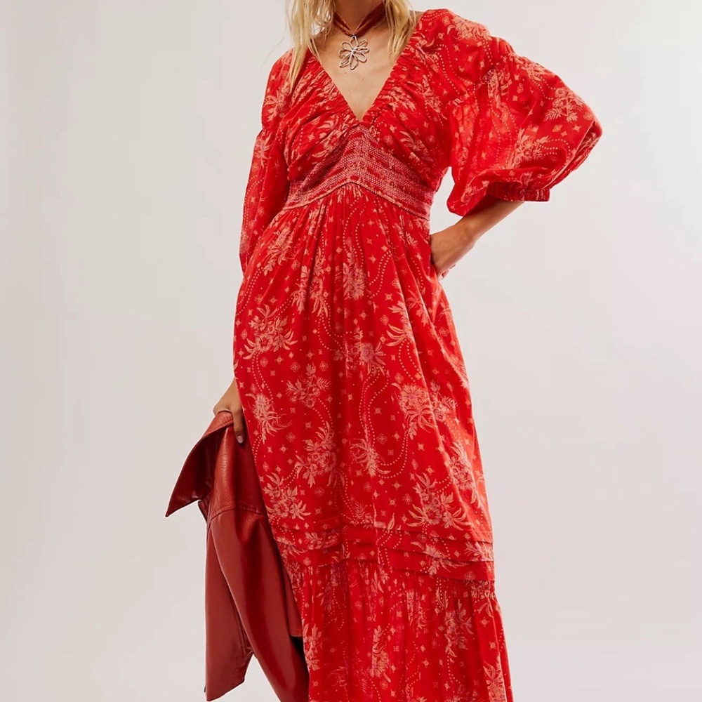FREE PEOPLE Golden Hour Maxi Dress Size L Boho Natural red